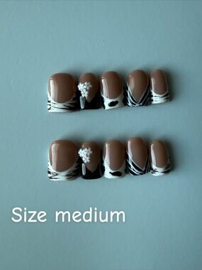 Neutral Brown & Black Press-On Nail Set with White Accents
